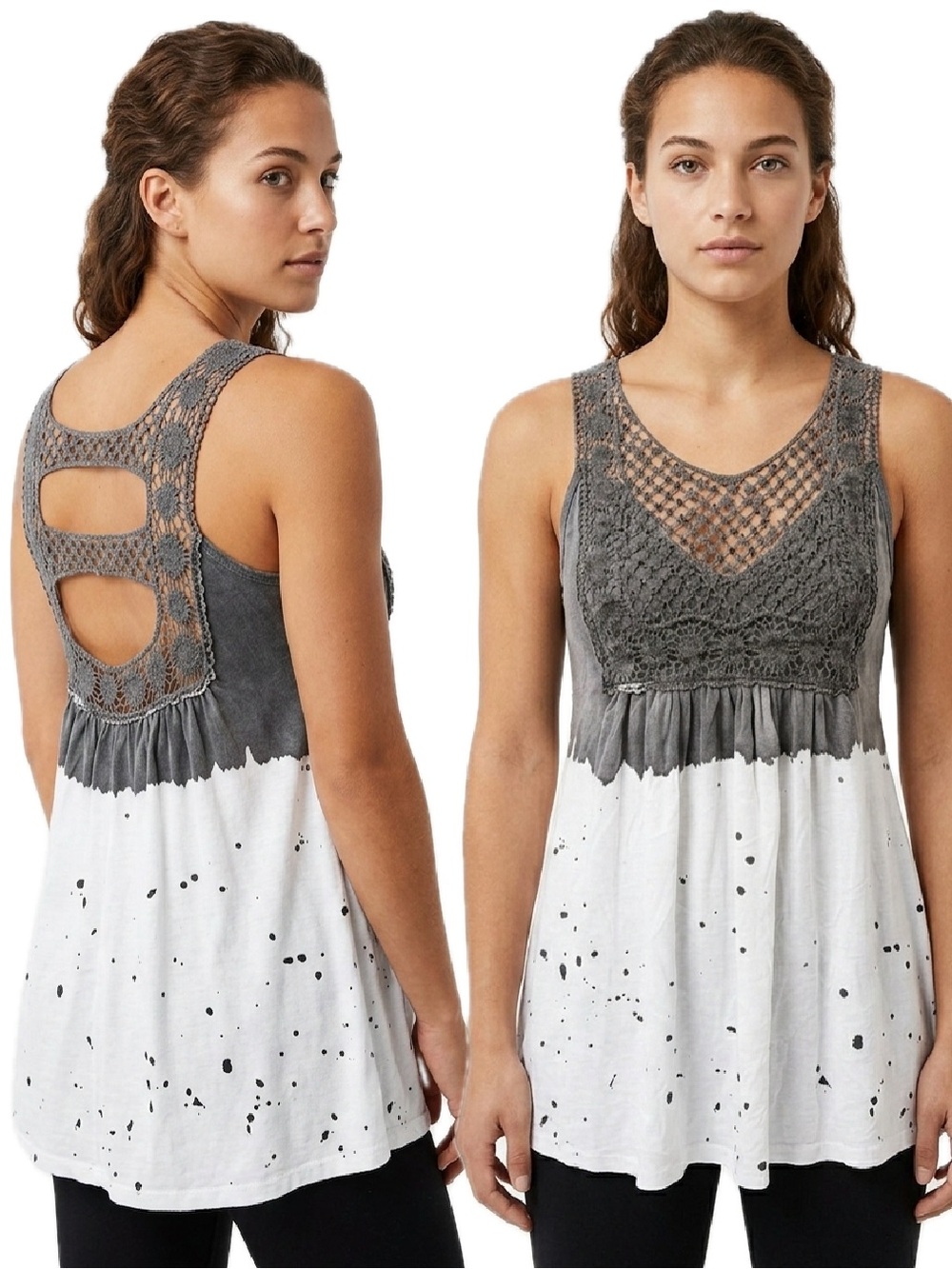 T Party Crochet Lace Cut-Out Back Tank Top Paint Splatter Mineral Wash Gray S
